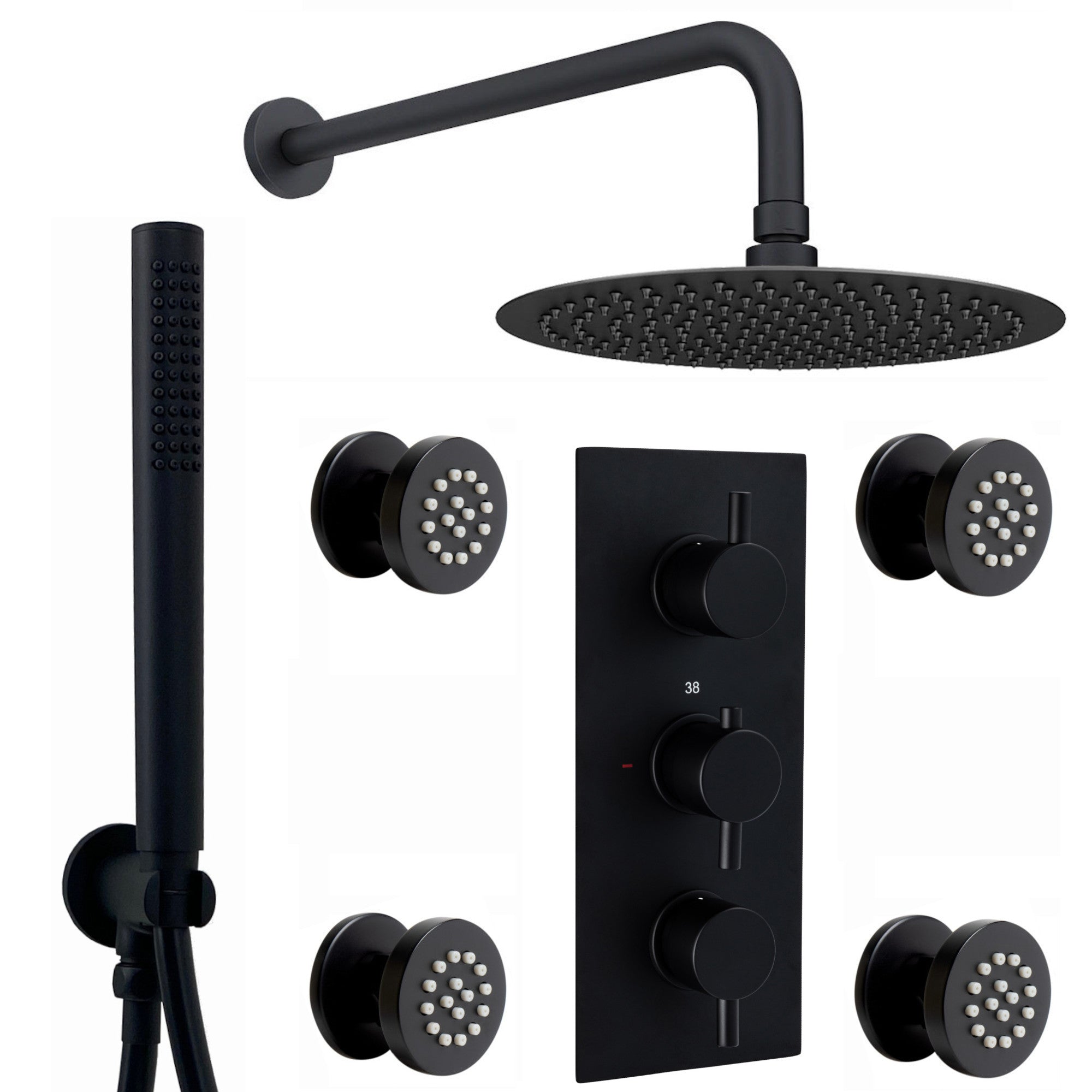 Venice Contemporary Round Concealed Thermostatic Shower Set Incl. Triple Diverter Valve, Wall Fixed 8" Shower Head, Handshower Kit, 4 Body Jets - Black (3 Outlet)